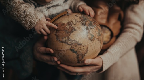 Family holding vintage globe, child exploring.
