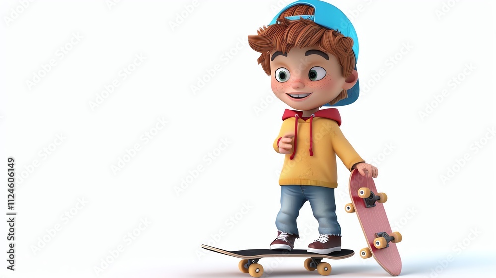 A 3D cartoon boy with a blue hat is standing on a skateboard. A 3D cartoon boy with a blue hat is standing on a skateboard.