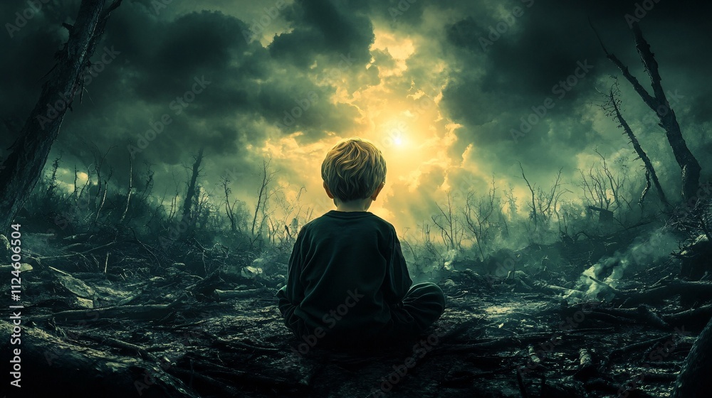 A child in a lifeless forest filled with dead trees A child in a lifeless forest filled with dead trees