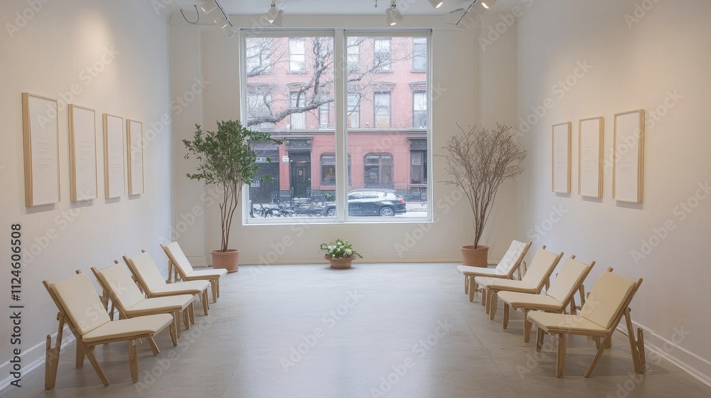 Fototapeta premium Minimalist Art Gallery Interior with Wooden Chairs and Large Window