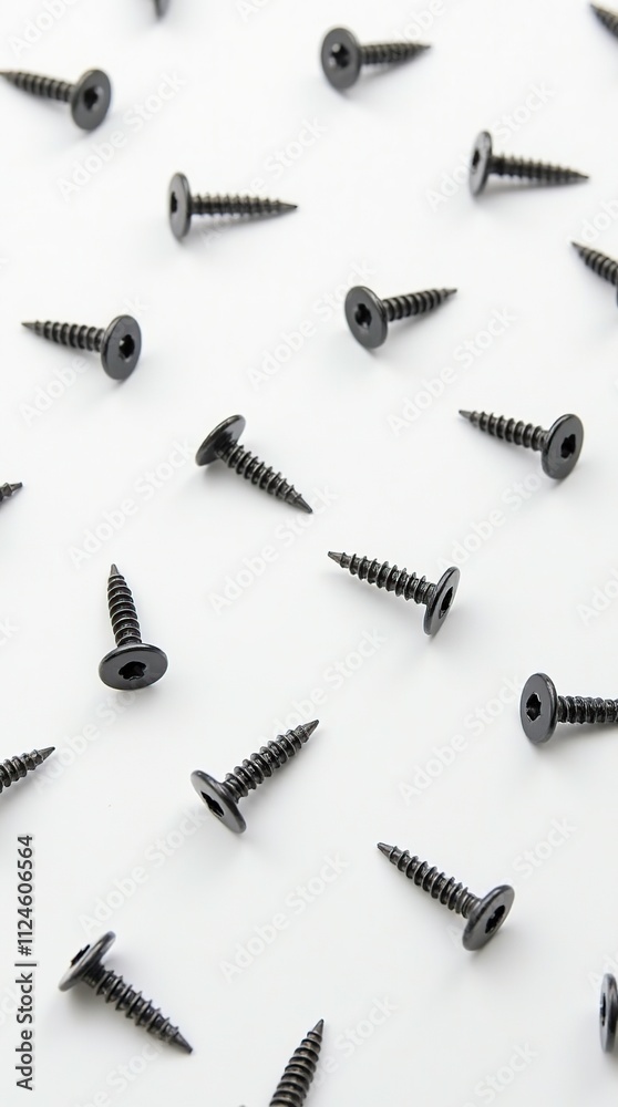 Glossy Black Screws Pattern on a Solid White Background Glossy Black Screws Pattern on a Solid White Background