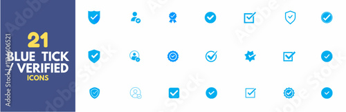 Blue tick verified social media account icon. approved profile sign. white tick in rounded corner star—vector illustration on a transparent background.