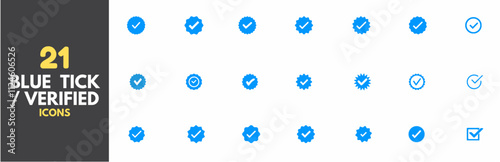 Blue tick verified social media account icon. approved profile sign. white tick in rounded corner star—vector illustration on a transparent background.