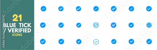 Blue tick verified social media account icon. approved profile sign. white tick in rounded corner star—vector illustration on a transparent background.
