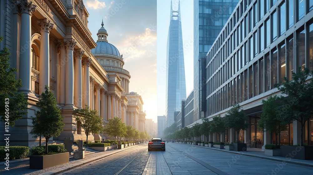 Fototapeta premium Artistic Contrast of Old and New Architectural Styles in Urban Setting