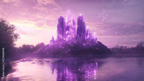 A purple crystal castle rising from a mystical lake, with glowing light reflecting off the water and magical energy swirling around it. photo