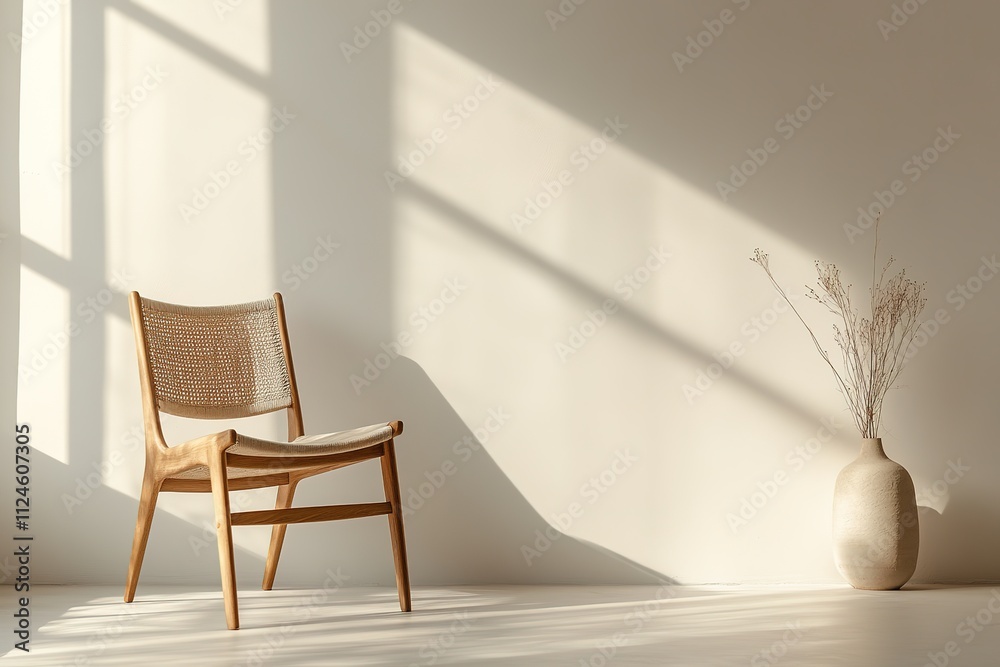 Fototapeta premium Minimalist interior with chair, vase and play of shadows on wall.