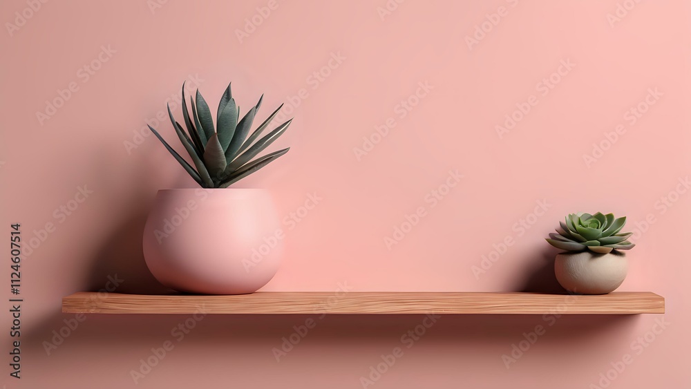 Minimalist wooden shelf with succulents on a vibrant pink wall in a modern 3D design Minimalist wooden shelf with succulents on a vibrant pink wall in a modern 3D design