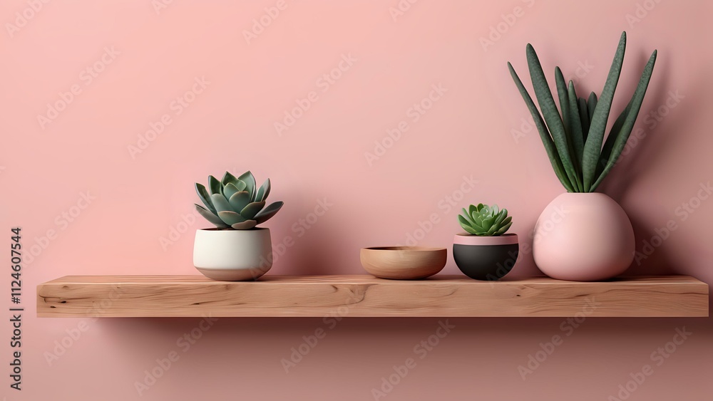 custom made wallpaper toronto digitalStylish 3D render of a wooden shelf featuring succulents on a soft pink wall