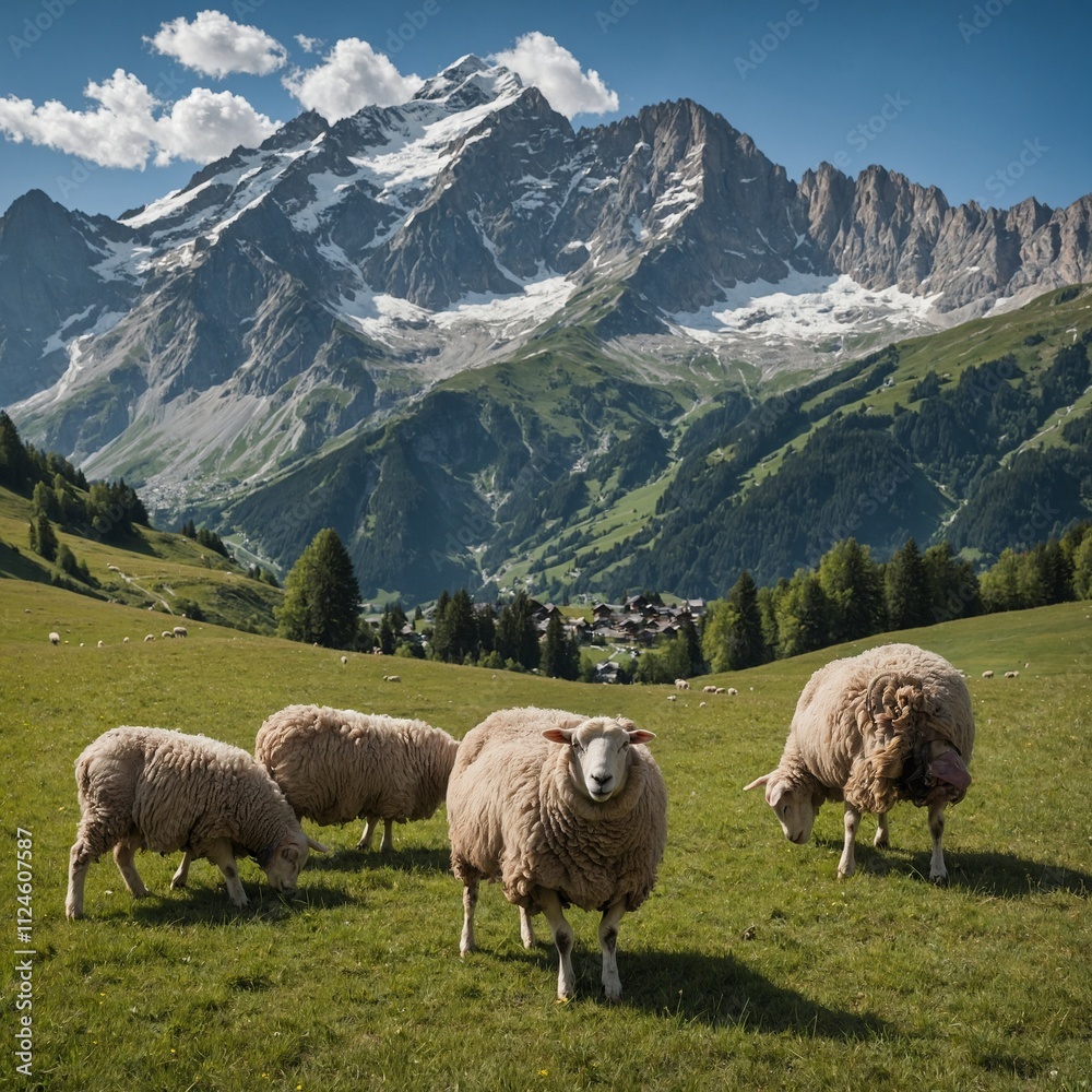 Fototapeta premium Majestic peaks of the Alps with grazing sheep in the foreground.