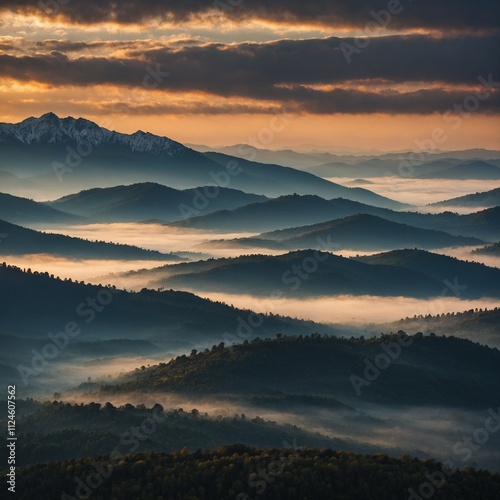 Sunset over a mountain ridge with layers of misty peaks.