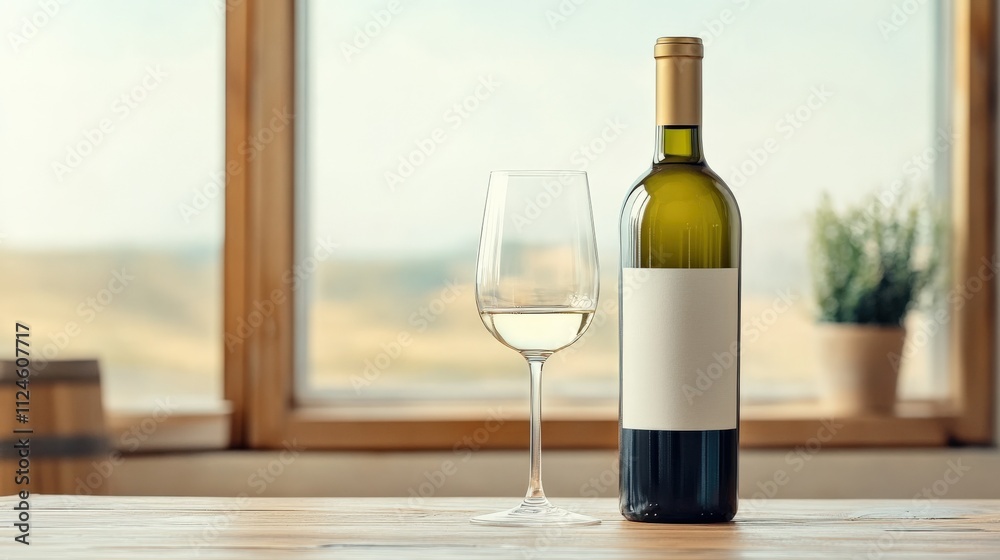 Elegant White Wine Bottle with Glass Displayed Elegant White Wine Bottle with Glass Displayed