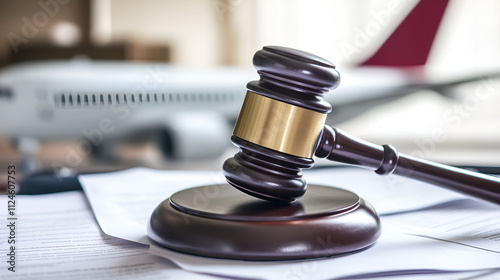 A gavel rests on legal documents with an airplane in the background, symbolizing aviation law and justice in the airline industry.