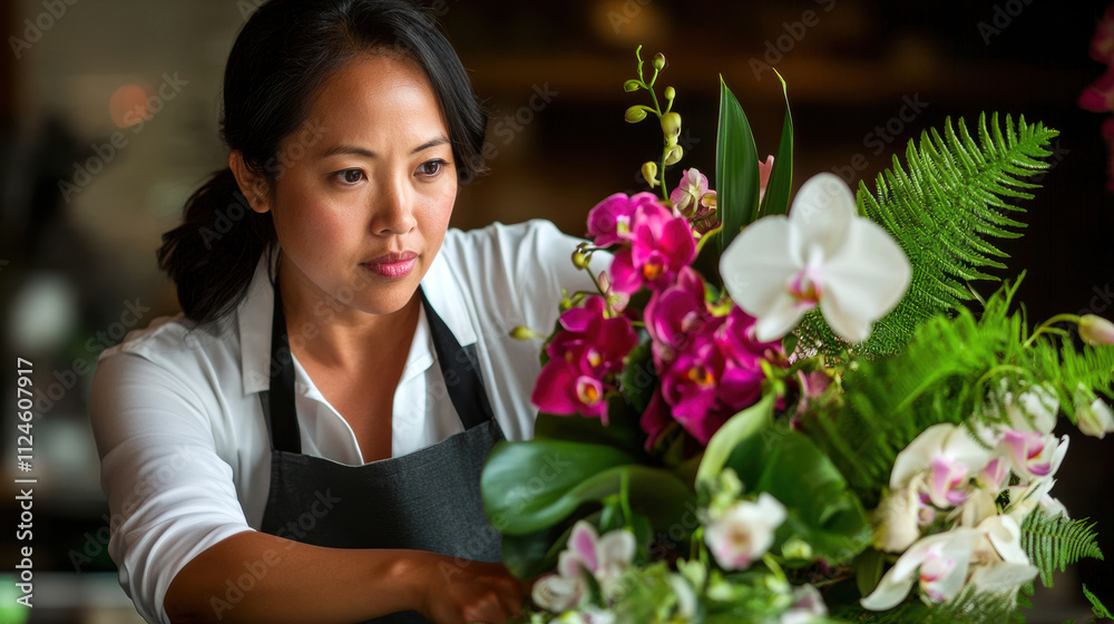 Florist arranging elegant orchid bouquet in bright workshop Florist arranging elegant orchid bouquet in bright workshop