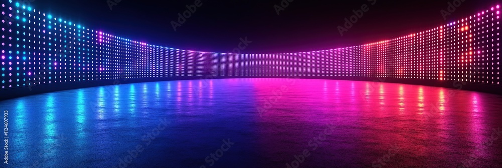 Fototapeta premium Concave LED Display Screen for Wall or Platform, Large TV Screen with Neon Blue and Purple Dot Lights, Stadium Digital Scoreboard with Diode Lights
