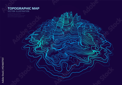 3D topographic map. Geographic contour map with elevation lines. Detailed terrain visualization concept. Vector illustration of landscape elevations and natural relief.