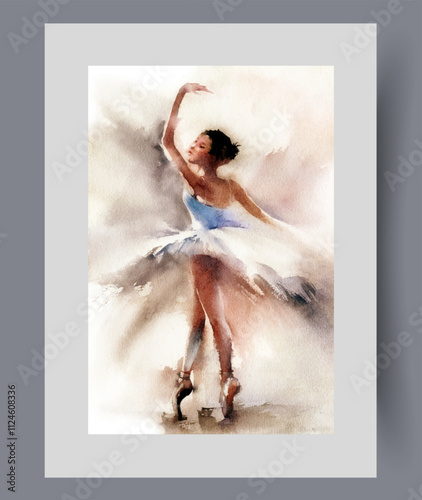 Elegant ballerina dances in beautiful dress and stands on tiptoes on wall art. Watercolor artwork. Print with woman ballerina performing in front of audience, in frame with decor for poster