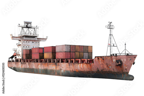 High-Quality Hyperrealistic Cargo Ship Isolated on Pure White Background for Professional Use in Digital Projects