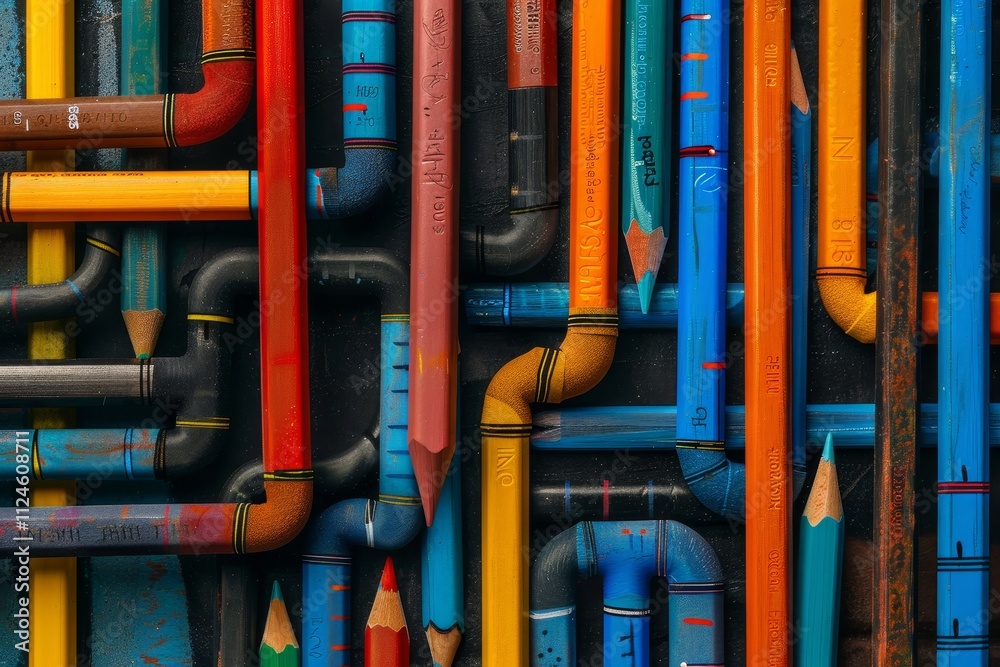 Brightly colored crayons and pipes are creatively intertwined, forming an intricate and visually captivating design that showcases vibrant hues and playful geometry. Brightly colored crayons and pipes are creatively intertwined, forming an intricate and visually captivating design that showcases vibrant hues and playful geometry.