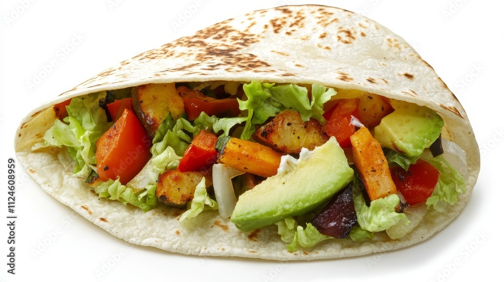 A soft taco loaded with roasted veggies and avocado