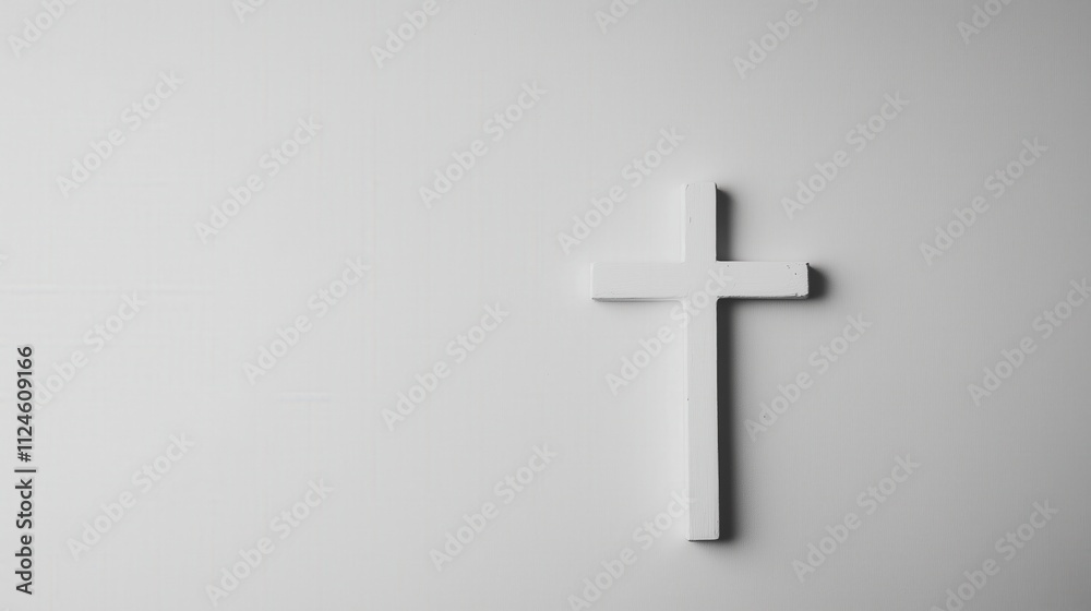 A white Christian cross is mounted on a textured light gray background, with copy space. A white Christian cross is mounted on a textured light gray background, with copy space.