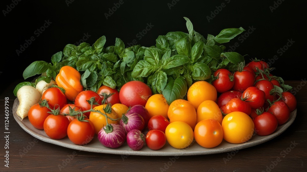 Vibrant vegetable harvest display kitchen table food natural setting aesthetic viewpoint Vibrant vegetable harvest display kitchen table food natural setting aesthetic viewpoint