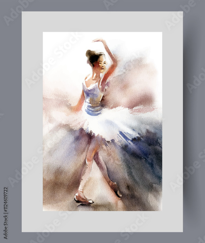 Teenage ballerina girl dressed in dress and tutus on wall art. Watercolor artwork. Poster with young ballerina learning to dance for performance on theater stage, in frame with decor for print