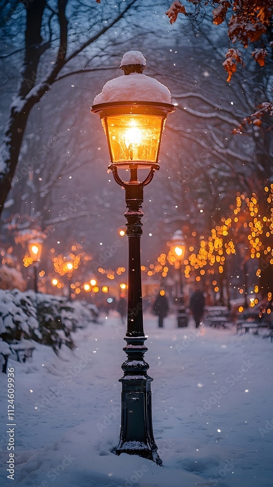 A lamp post stands in the center foreground of a snowy winter A lamp post stands in the center foreground of a snowy winter