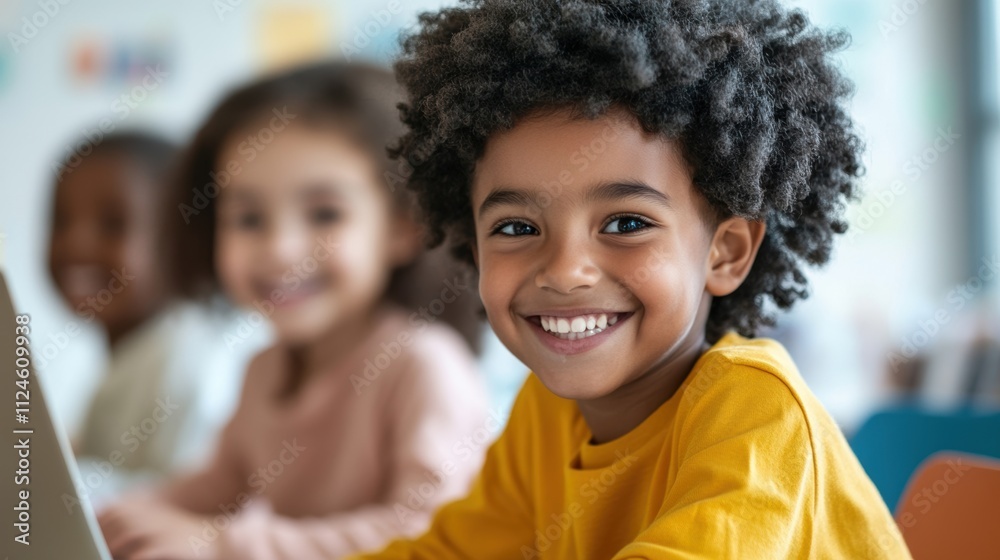 A cheerful child in a classroom setting, smiling brightly, with blurred classmates in the background creating a joyful scene. A cheerful child in a classroom setting, smiling brightly, with blurred classmates in the background creating a joyful scene.