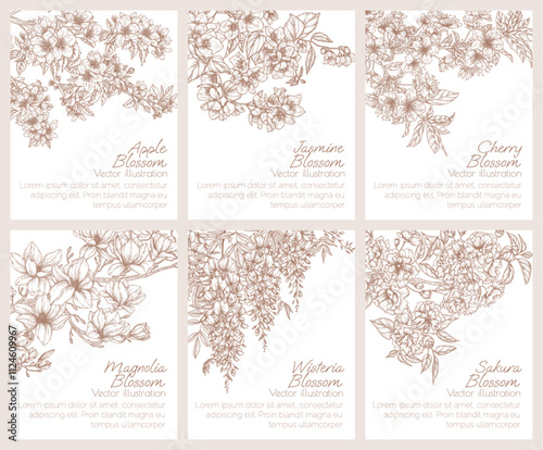 Vector set of cards with branches of blooming spring trees. Blooming apple and cherry trees, jasmine, sakura, wisteria, magnolia
