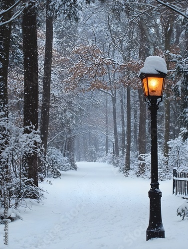 A lamp post glowing warmly on a snowy winter street