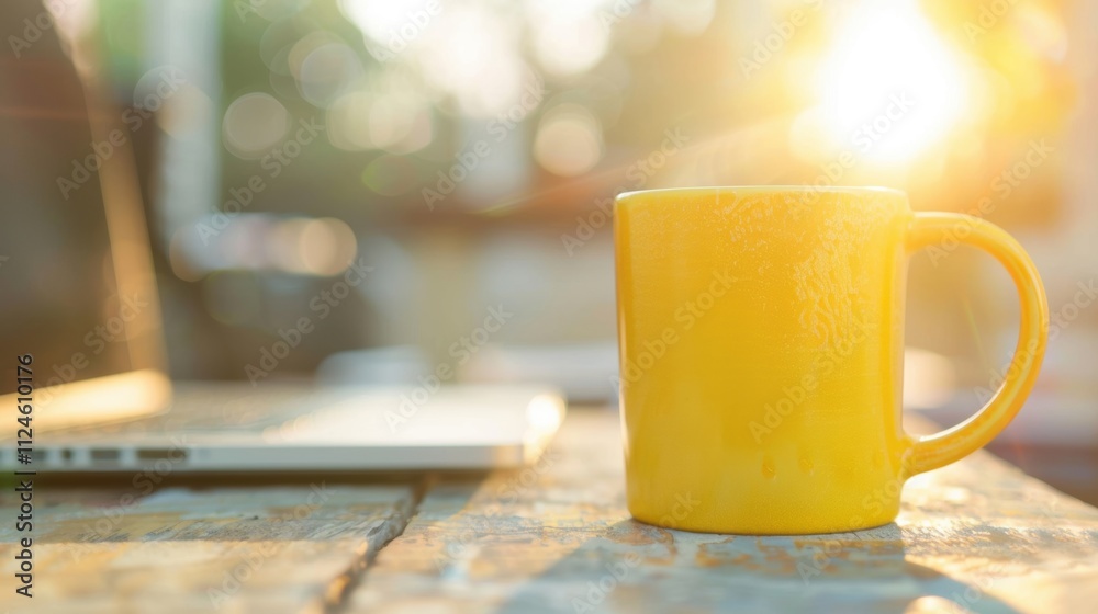 Bright yellow coffee mug on a wooden table with morning sunlight and soft bokeh, creating a peaceful outdoor atmosphere. Bright yellow coffee mug on a wooden table with morning sunlight and soft bokeh, creating a peaceful outdoor atmosphere.