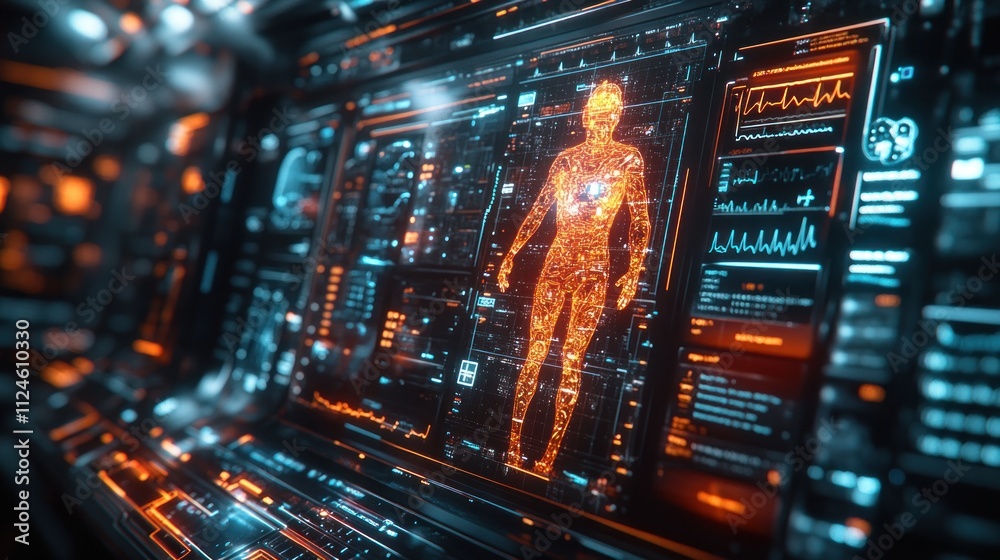 Fototapeta premium Futuristic interface displaying a holographic human anatomy model.