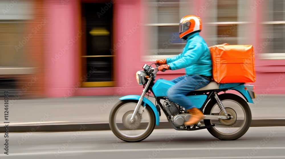 Fototapeta premium A vibrant delivery rider wearing a helmet and carrying an orange bag rides a blue motorcycle past a colorful urban street.