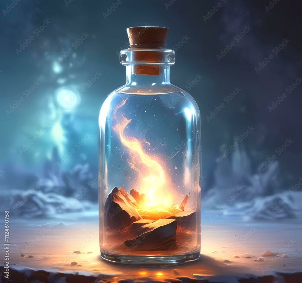 Illustration of bottle with magic spark inside. Illustration of bottle with magic spark inside.