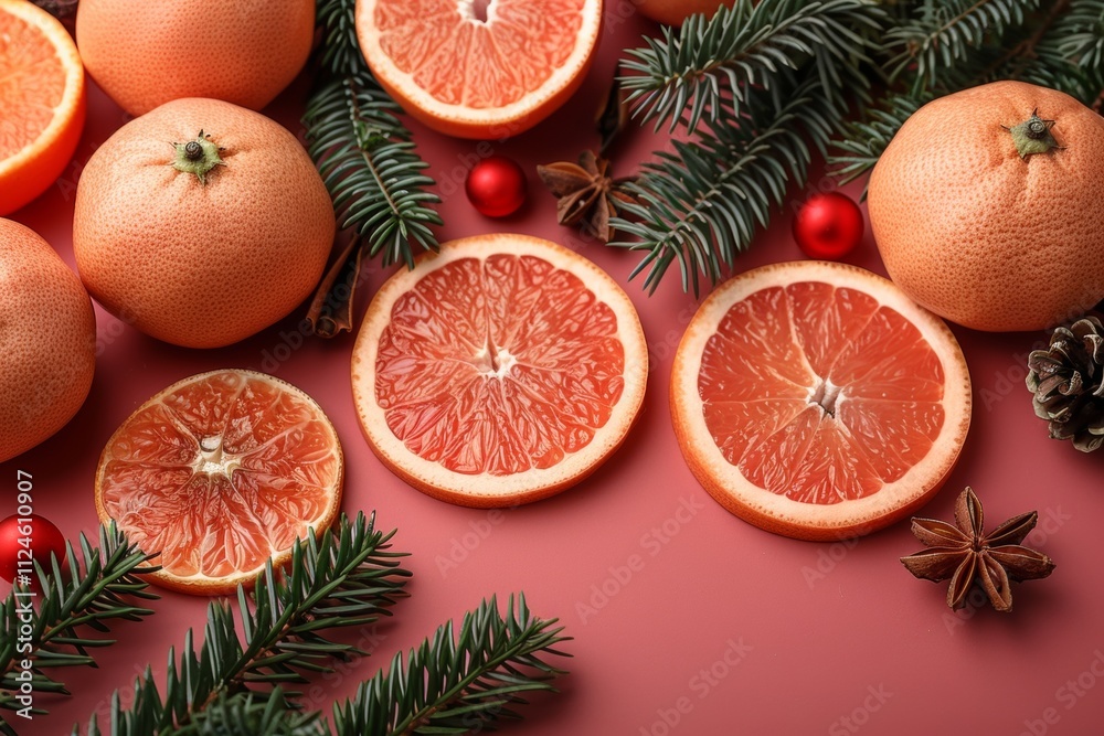 Vibrant red background framed with an array of colorful fruits and aromatic spices Vibrant red background framed with an array of colorful fruits and aromatic spices