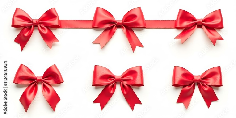 Red satin ribbon bows arranged on a white background.