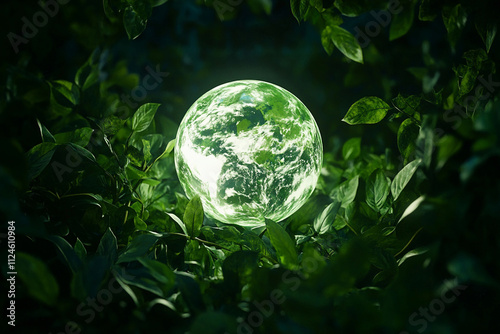 Glowing glass planet Earth in the center, against the background of green foliage, ecology concept