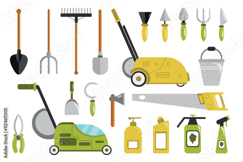 Set of different garden equipment in cartoon style. Vector illustration of garden tools: shovel, rake, lawnmower, saw, bucket, ax, sickle, pliers, sprayer, liquid isolated on white background.