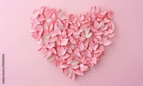 Creative arrangement of pink fabric leaves forming a heart shape on a soft pastel pink background, symbolizing love and creativity.
