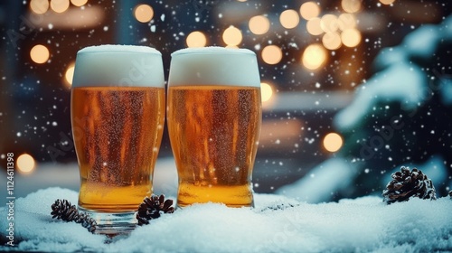 Foamy Beer Glasses on Wooden Table in Cozy Atmosphere with Bokeh Lights