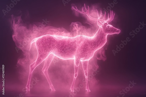 A glowing pink deer surrounded by ethereal mist in a vibrant, mystical setting. photo