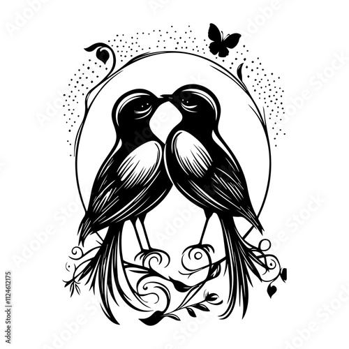 two birds on a branch, couple of love birds vector illustration keywords