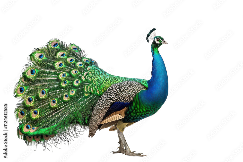 Fototapeta premium Stunning Hyperrealistic Green Peafowl Displaying Majestic Beauty Against a Pure White Background for Artistic and Educational Use