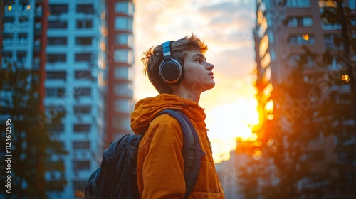 A young man wearing headphones and a backpack stands in front of a building