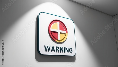 Warning sign with a colored emblem on a wall under focused light. photo