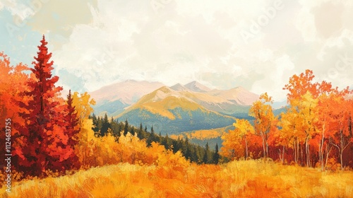 Autumn mountains with golden, red, and orange foliage, crisp air and bright sunshine 