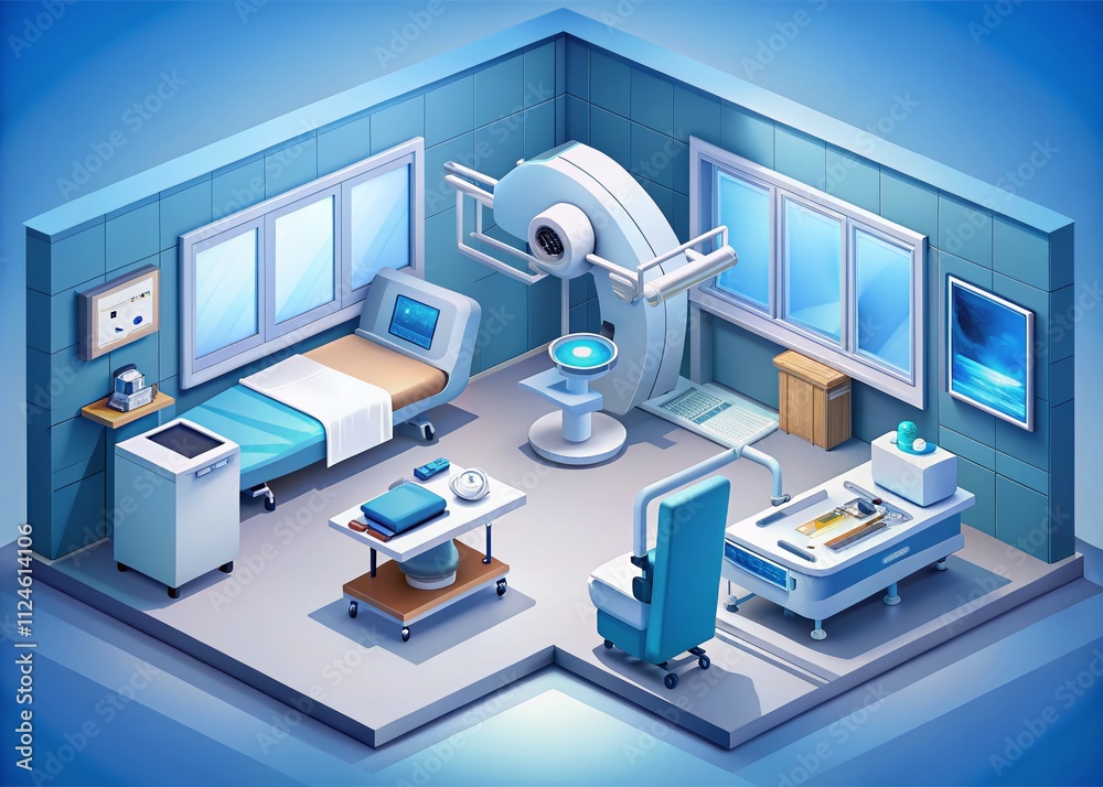 Advanced Medical Room with State-of-the-Art Equipment and Technology, Isometric Illustration for Healthcare and Scientific Documentation Advanced Medical Room with State-of-the-Art Equipment and Technology, Isometric Illustration for Healthcare and Scientific Documentation