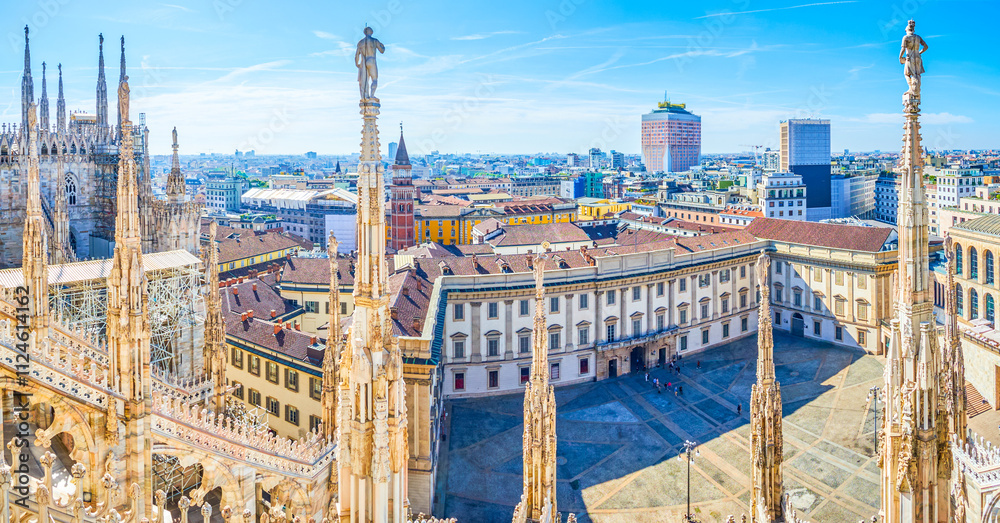 View on Palazzo Reale di Milano from the top of Milan Cathedral, Italy