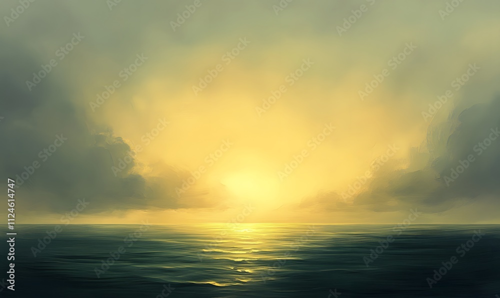 Fototapeta premium Dark clouds fill the sky as the sun sets, casting a somber and melancholic mood over the scene 